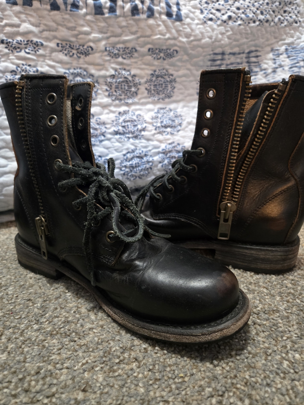 Steven Manchester Black Lace-Up Leather Combat Boots with Side Zipper